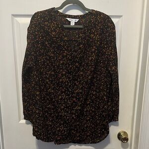 Old Navy Black Full Button Tunic Top with Multicolor Floral Design